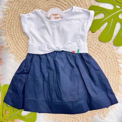 Vestido Lamon Manga Curta - Branco e Marinho